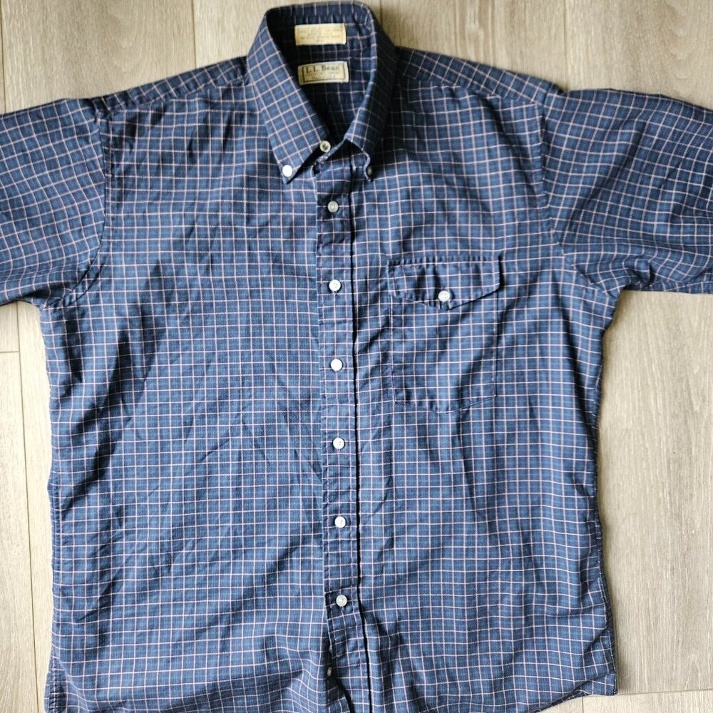 VTG LL Bean Button Down Shirt Men’s size XL Blue Plaid Checker Short Sleeve USA